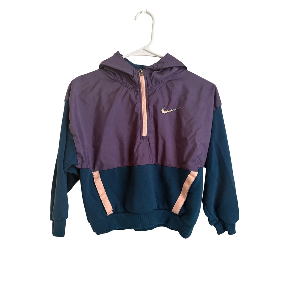 Nike Girls Purple Teal Colorblock Ripstop Half Zip Hooded Windbreaker Jacket S